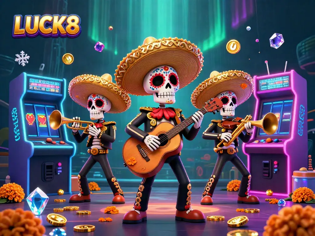 LUCK8 showcases a vibrant scene with lively mariachi skeletons surrounded by colorful casino elements.