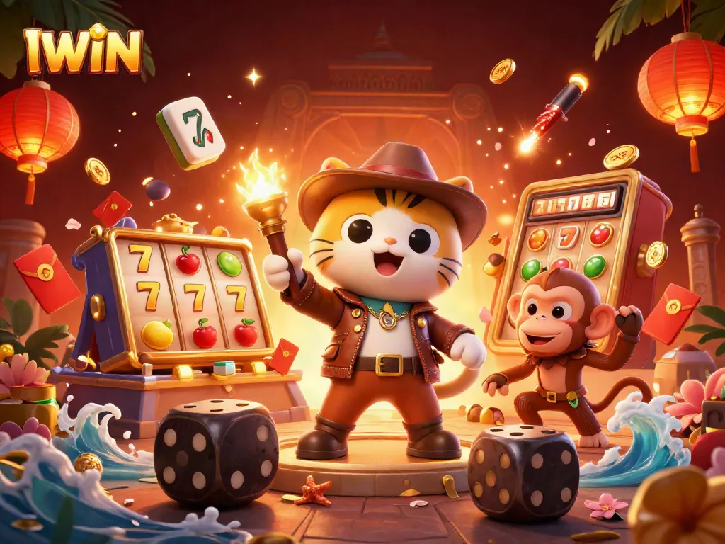 IWIN games featuring a 3D archaeologist cat discovering treasures among spinning slot reels and vibrant casino artifacts.