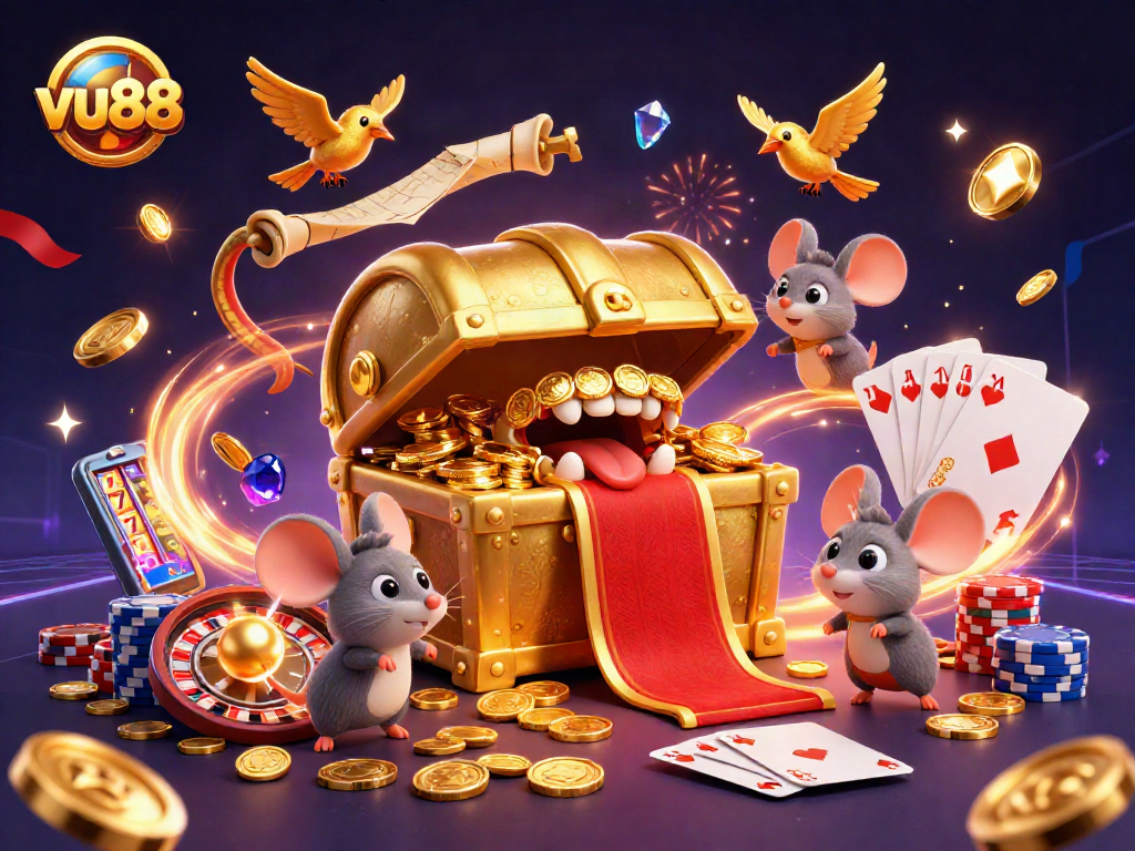 Spin to win at vu88 with an eye-catching treasure chest and lavish gaming elements!