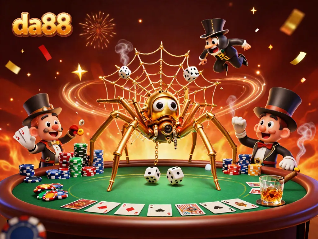 Engaging DA88 casino scene with a golden spider web, poker elements, and festive confetti.